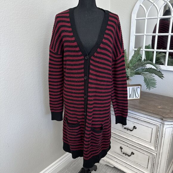 Hot Topic Long Cardigan Sweater, Red, Black, Striped Emo Size Medium Button Down - Picture 1 of 14
